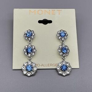 Monet Earrings Dangle Blue Rhinestone Flower Silver Tone Pierced Jewelry 2 Inch